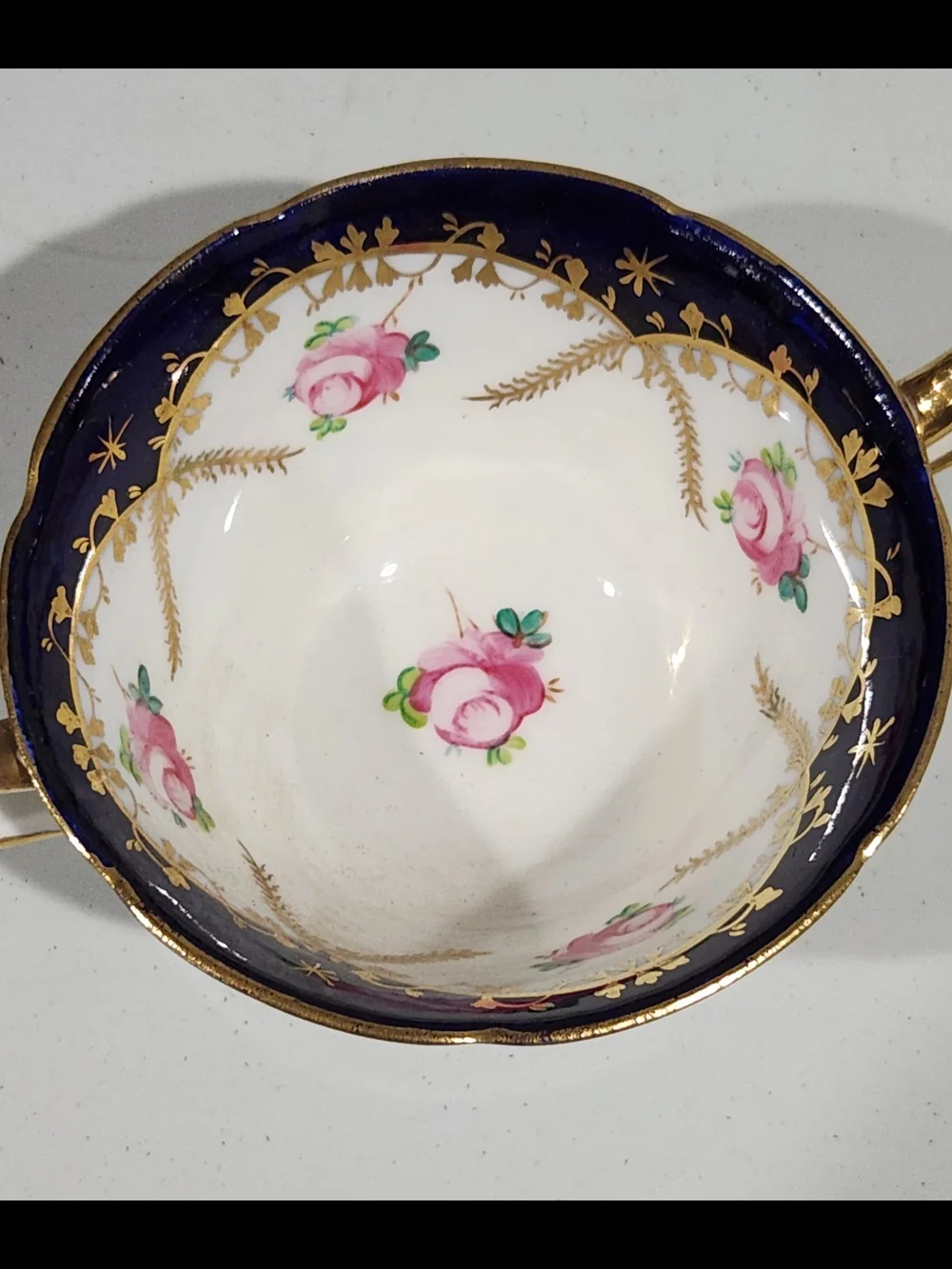 Antique Grosvenor China Bouillon Cups Pair Cobalt Blue Gold Rose 1920s Jackson G